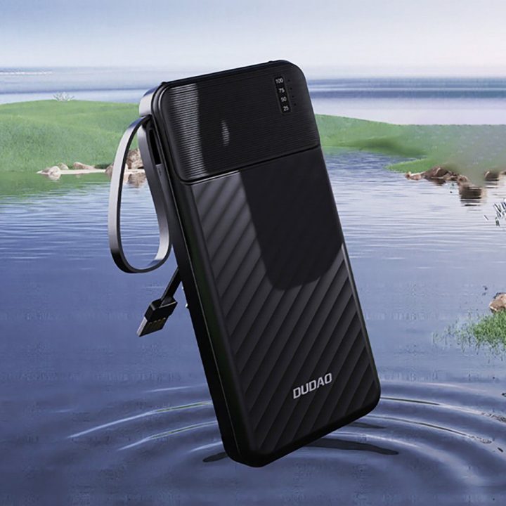 Išorinė baterija 10 000 mAh su integruotais laidais juoda K11