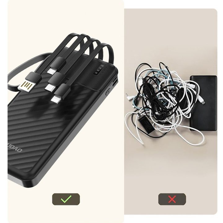 Išorinė baterija 10 000 mAh su integruotais laidais juoda K11