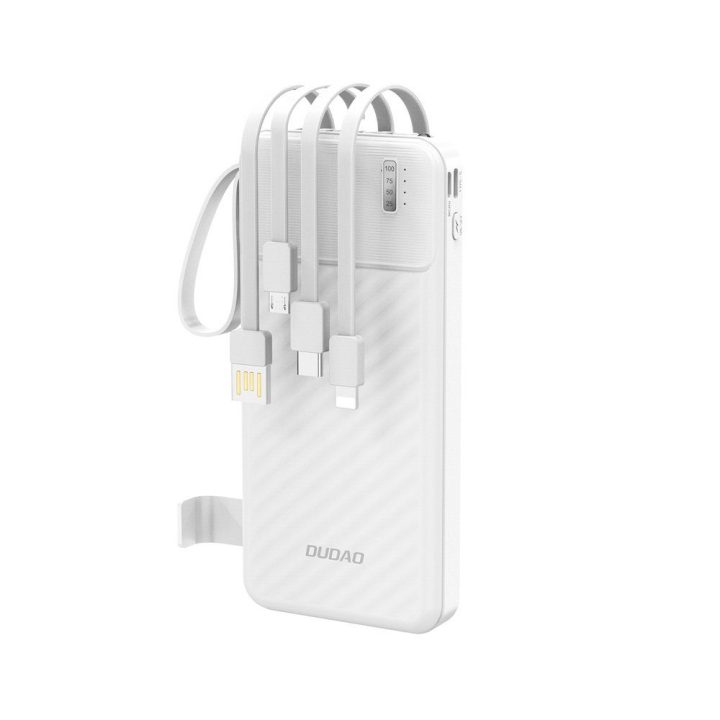 Išorinė baterija 10 000 mAh balta su integruotais laidais