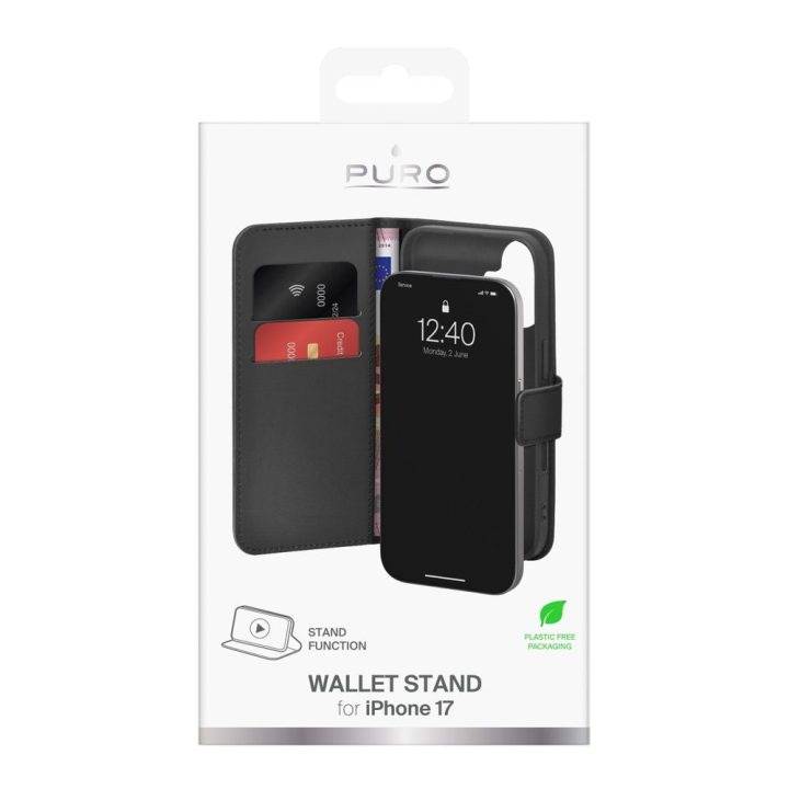 Telefono dėklas iPhone 17 juodas knygutės formos eko oda (PU) Puro