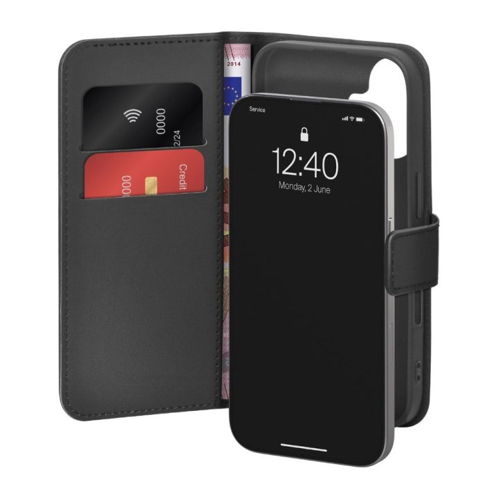 Telefono dėklas iPhone 17 juodas knygutės formos eko oda (PU) Puro