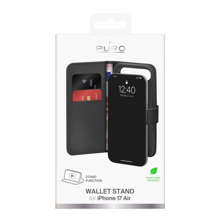 Telefono dėklas iPhone 17 Air juodas atverčiamas eko oda (PU) Puro