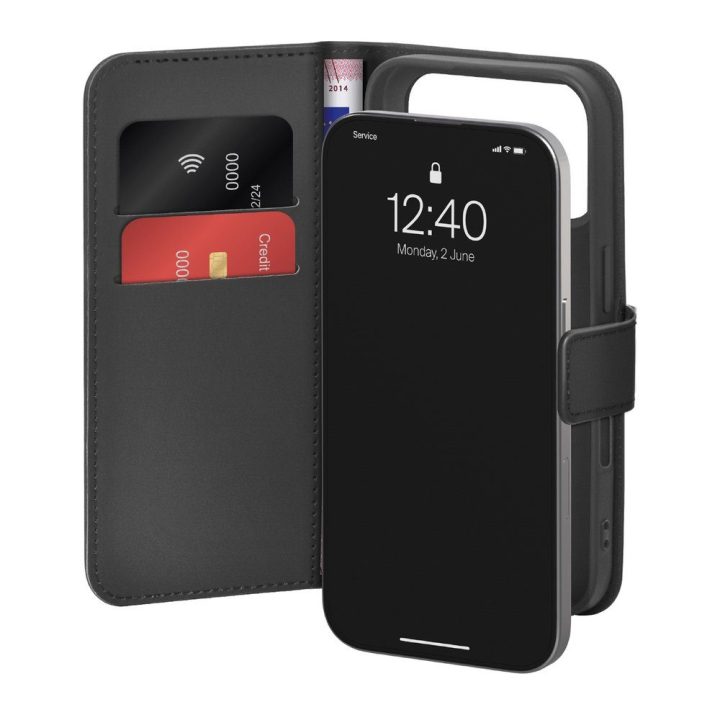 Telefono dėklas iPhone 17 Pro juodas knygutė eko oda (PU) Puro