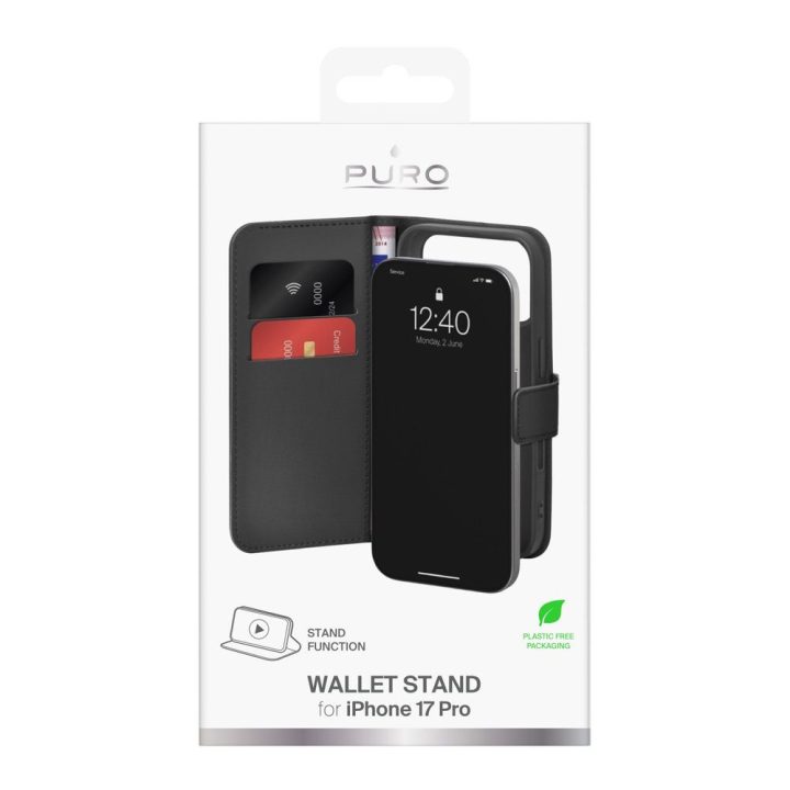 Telefono dėklas iPhone 17 Pro juodas knygutė eko oda (PU) Puro