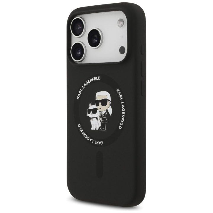 Telefono dėklas iPhone 17 Pro juodas silikoninis MagSafe Karl Lagerfeld