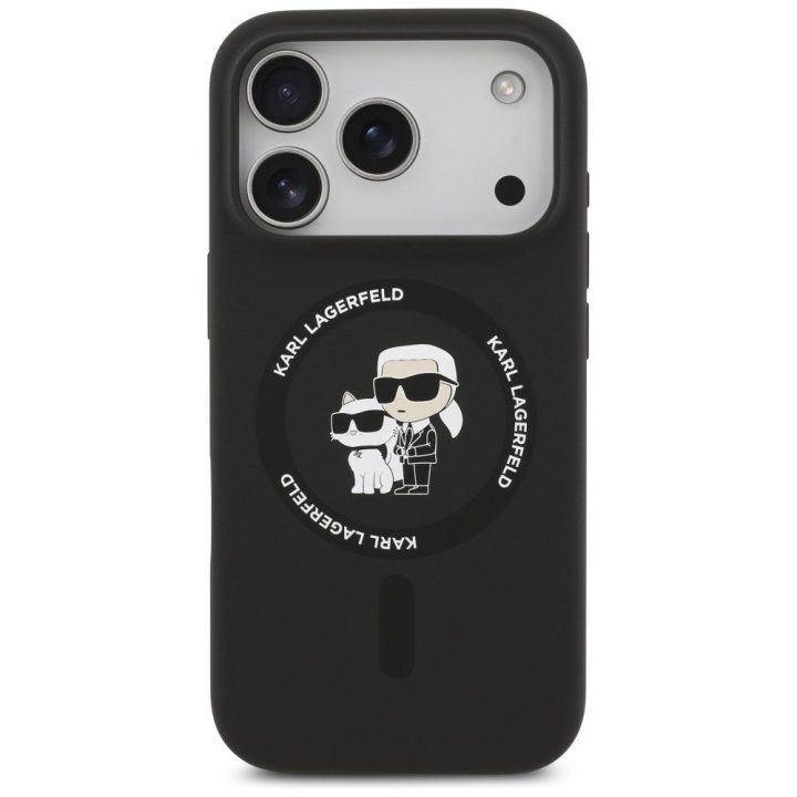 Telefono dėklas iPhone 17 Pro juodas silikoninis MagSafe Karl Lagerfeld