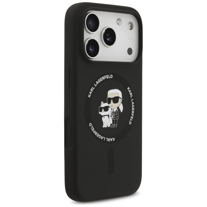 Telefono dėklas iPhone 17 Pro juodas silikoninis MagSafe Karl Lagerfeld
