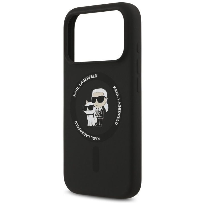 Telefono dėklas iPhone 17 Pro juodas silikoninis MagSafe Karl Lagerfeld