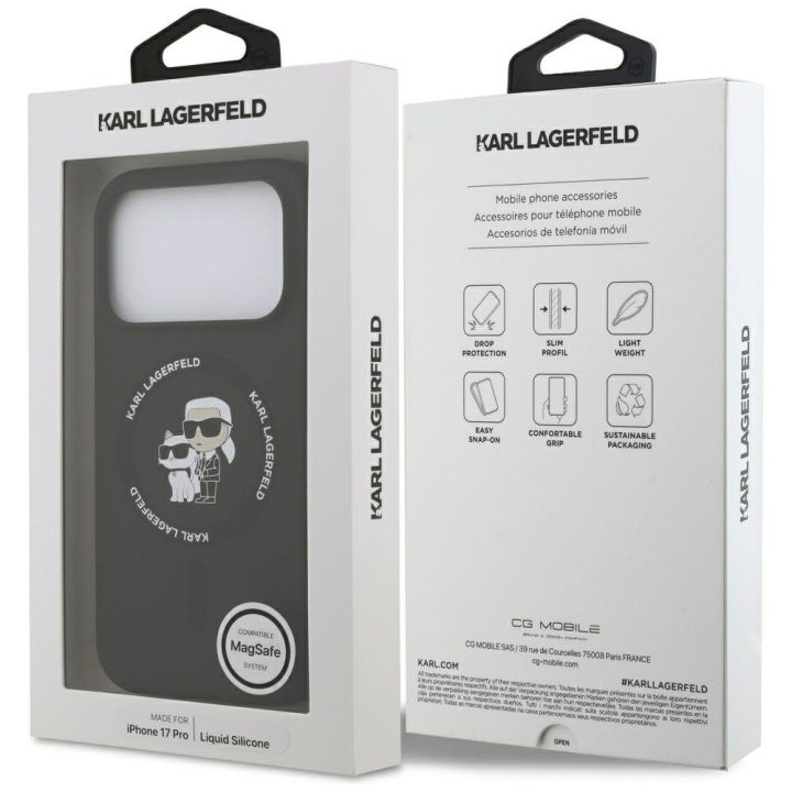 Telefono dėklas iPhone 17 Pro juodas silikoninis MagSafe Karl Lagerfeld