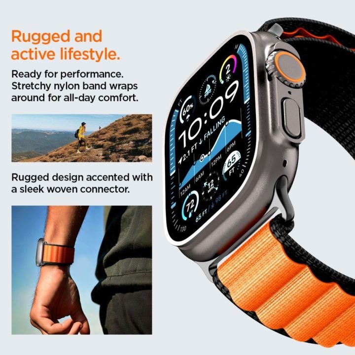 Išmaniojo laikrodžio dirželis Apple Watch 44/45/46/49 mm juodas ir oranžinis Spigen