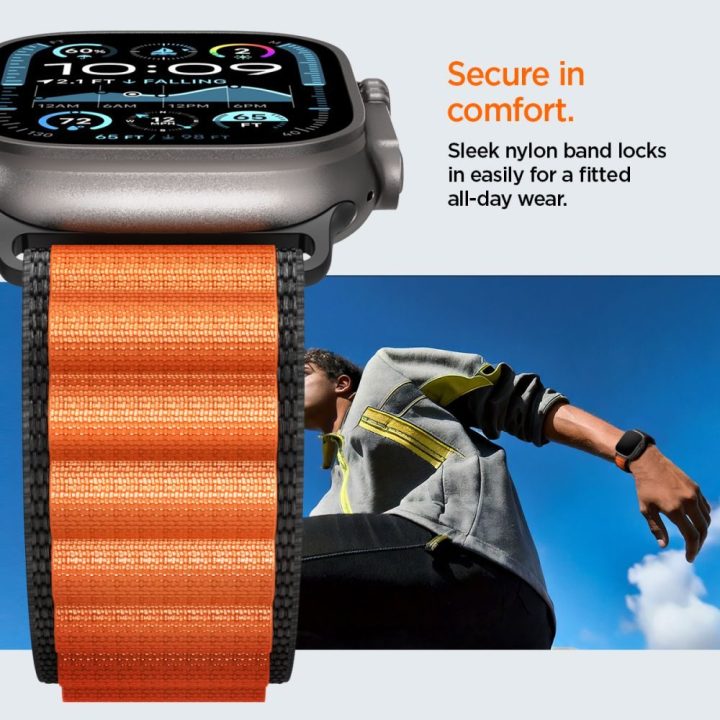 Išmaniojo laikrodžio dirželis Apple Watch 44/45/46/49 mm juodas ir oranžinis Spigen