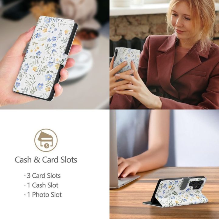 Telefono dėklas Samsung Galaxy A26 / A17 baltas knygutės formos gėlių raštu