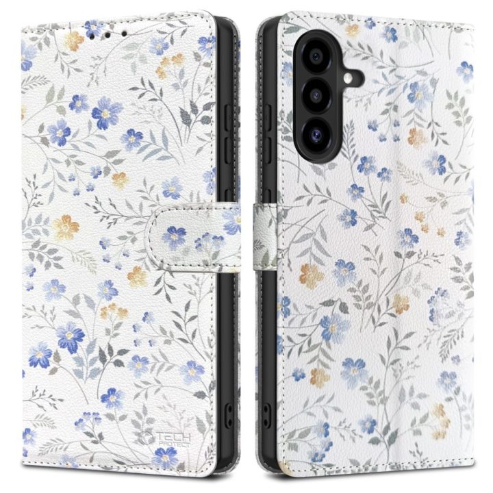 Telefono dėklas Samsung Galaxy A26 / A17 baltas knygutės formos gėlių raštu