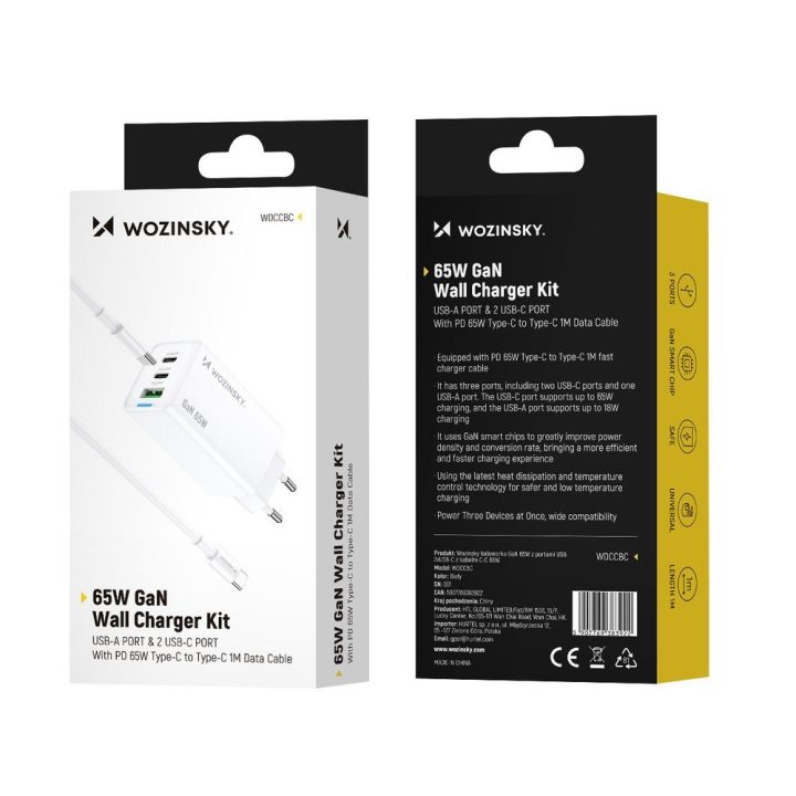 Kroviklis 65 W GaN su USB-C kabeliu baltas