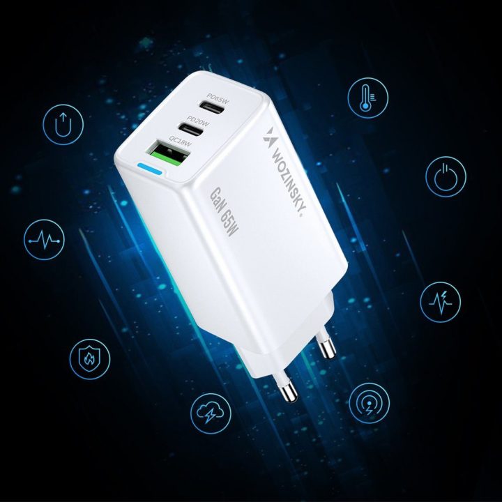 Kroviklis 65 W GaN su USB-C kabeliu baltas
