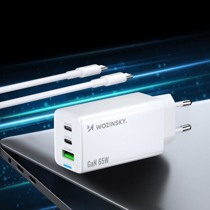 Kroviklis 65 W GaN su USB-C kabeliu baltas
