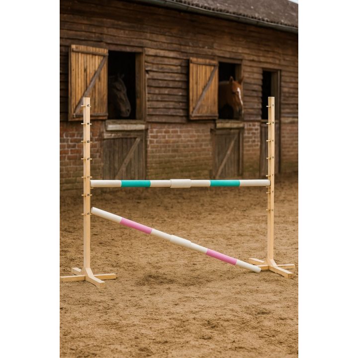 Šuolių kliūtis hobby horsing 160×120 cm su dviem kartelėmis mentos ir šviesiai rožinė