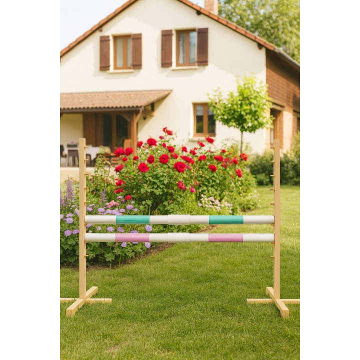 Šuolių kliūtis hobby horsing 160×120 cm su dviem kartelėmis mentos ir šviesiai rožinė