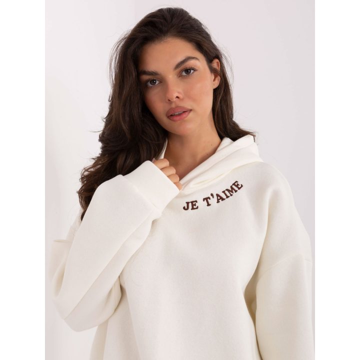 Džemperis moteriškas ecru su gobtuvu ir užrašu JE T’AIME