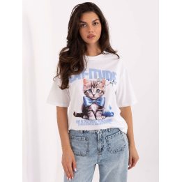 Marškinėliai moteriški balti su katės raštu CAT-ITUDE