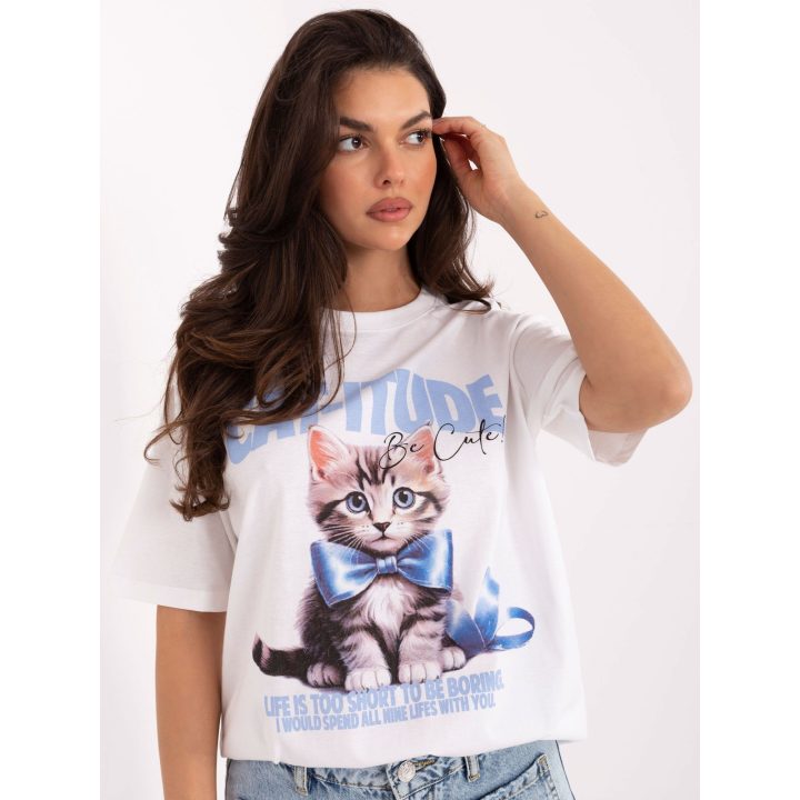 Marškinėliai moteriški balti su katės raštu CAT-ITUDE
