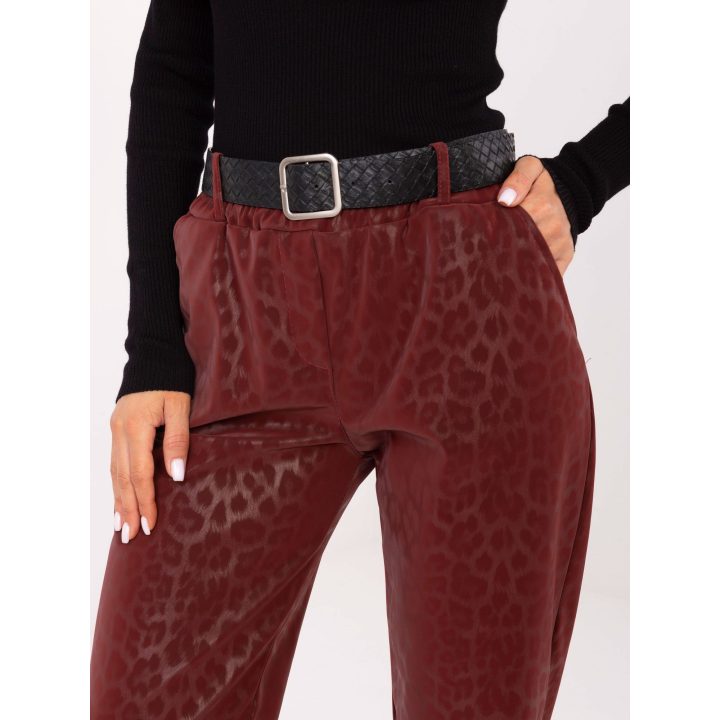 Kelnės moteriškos bordo margintos leopardo raštu IT