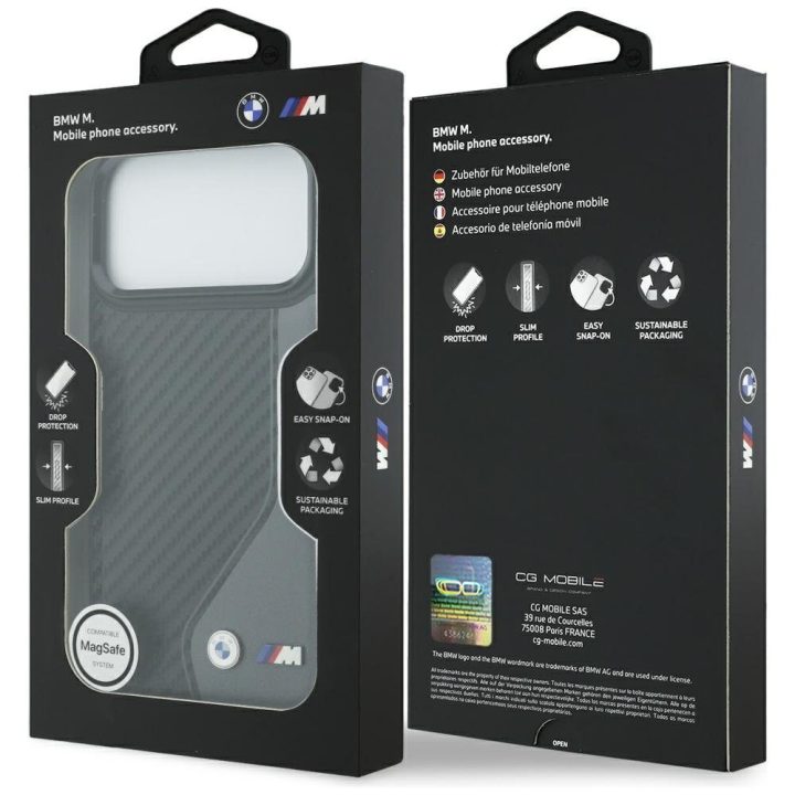 Telefono dėklas iPhone 17 Pro Max grafito spalvos MagSafe BMW M Carbon Logo
