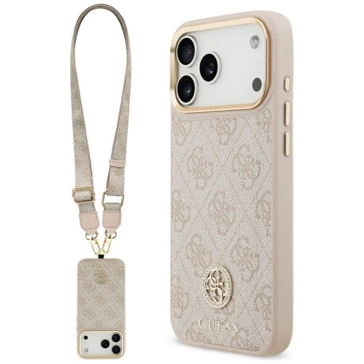 Telefono dėklas iPhone 17 Pro Max smėlio spalvos su dirželiu MagSafe Guess