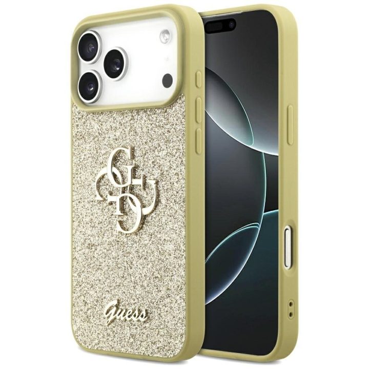 Telefono dėklas iPhone 17 Pro Max aukso spalvos blizgus Guess