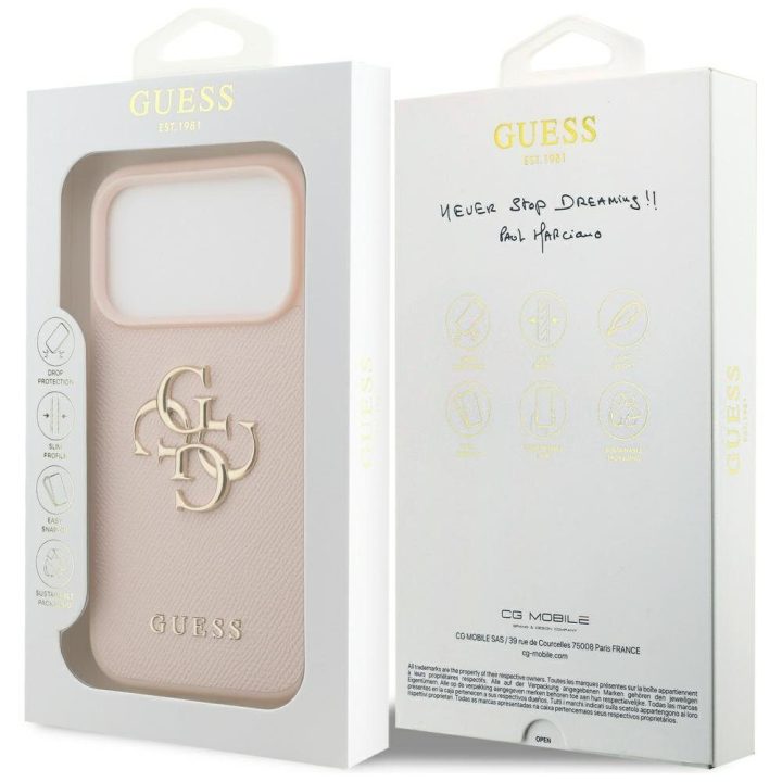 Telefono dėklas iPhone 17 Pro rožinis odos imitacija Guess