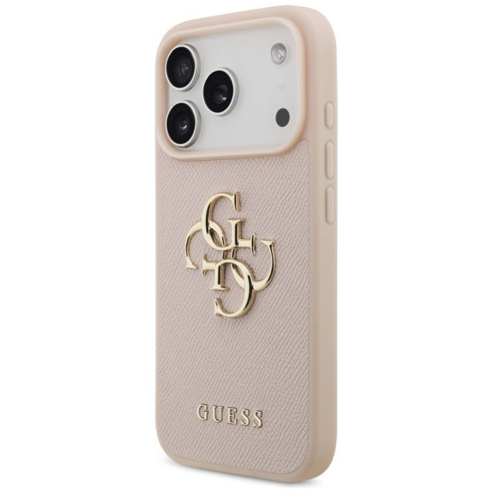 Telefono dėklas iPhone 17 Pro rožinis odos imitacija Guess