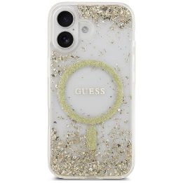 Telefono dėklas iPhone 17 aukso spalvos blizgus MagSafe Guess