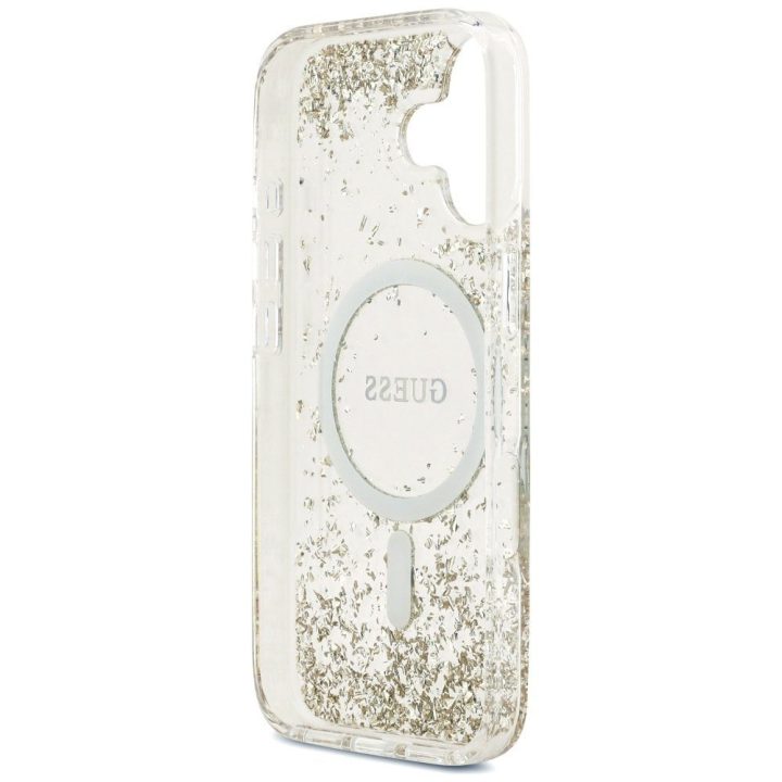 Telefono dėklas iPhone 17 aukso spalvos blizgus MagSafe Guess