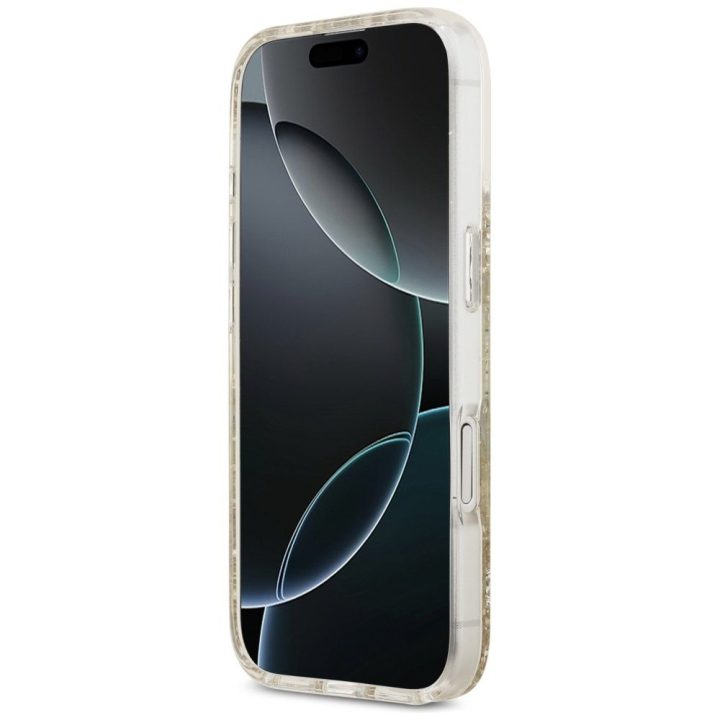 Telefono dėklas iPhone 17 aukso spalvos blizgus MagSafe Guess