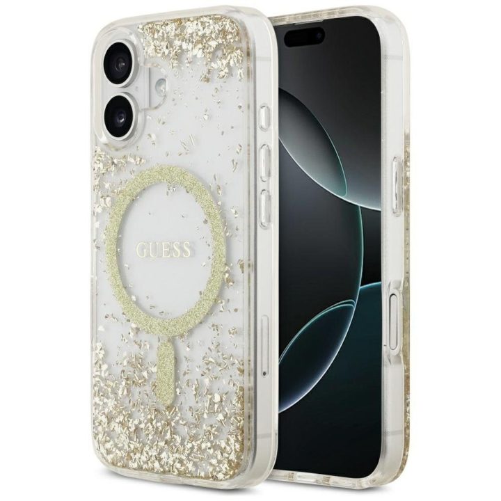 Telefono dėklas iPhone 17 aukso spalvos blizgus MagSafe Guess