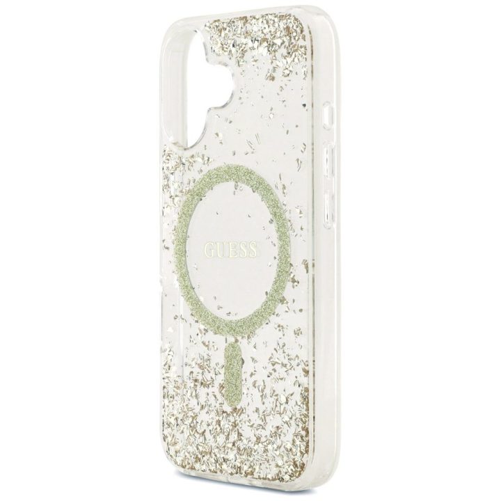 Telefono dėklas iPhone 17 aukso spalvos blizgus MagSafe Guess