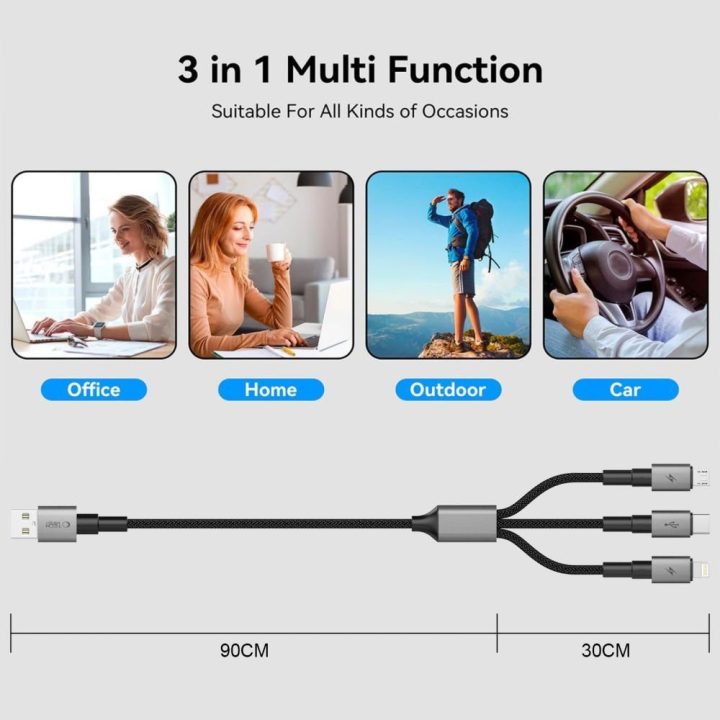 Įkrovimo laidas 3in1 USB-C/Micro-USB/Lightning 120 cm pilkas