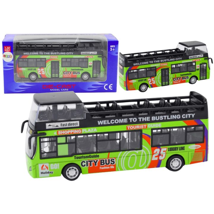 Žalias turistinis dviaukštis autobuso su atidaromomis durimis