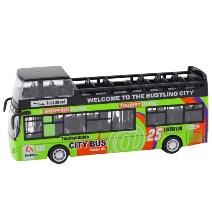 Žalias turistinis dviaukštis autobuso su atidaromomis durimis