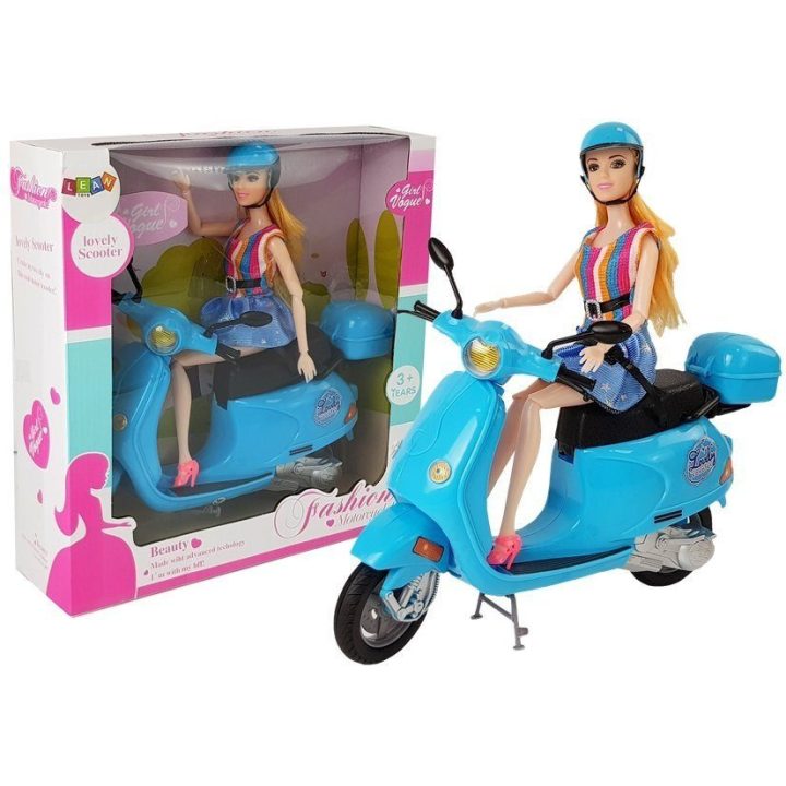 Lėlė su rožiniu motoroleriu ir šalmu rinkinyje
