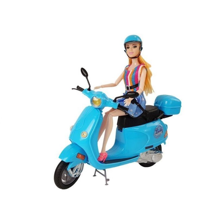 Lėlė su rožiniu motoroleriu ir šalmu rinkinyje