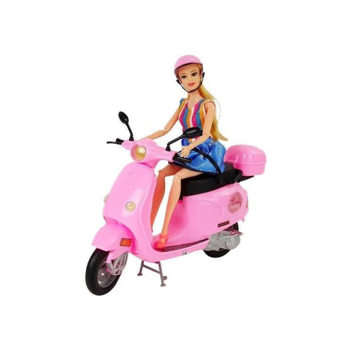 Lėlė su rožiniu motoroleriu ir šalmu rinkinyje