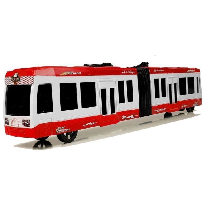 Žaislinis raudonas sąstatus autobusas su trinties pavara