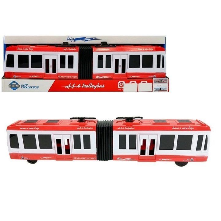 Žaislinis raudonas sąstatus autobusas su trinties pavara