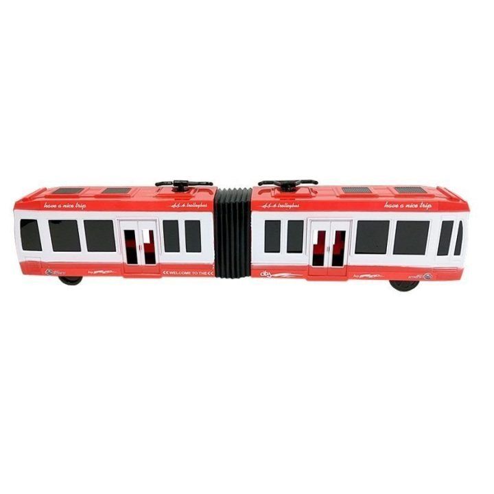 Žaislinis raudonas sąstatus autobusas su trinties pavara