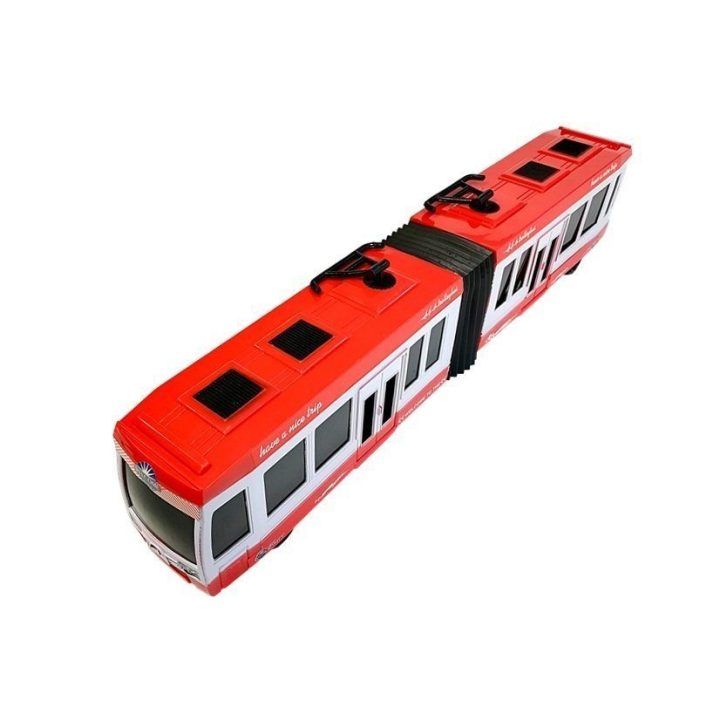 Žaislinis raudonas sąstatus autobusas su trinties pavara