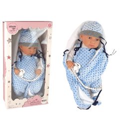 Lėlė kūdikis su mėlynu pledu 46 cm