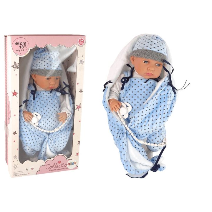 Lėlė kūdikis su mėlynu pledu 46 cm