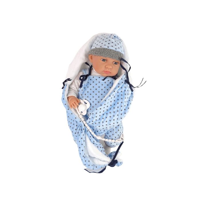 Lėlė kūdikis su mėlynu pledu 46 cm