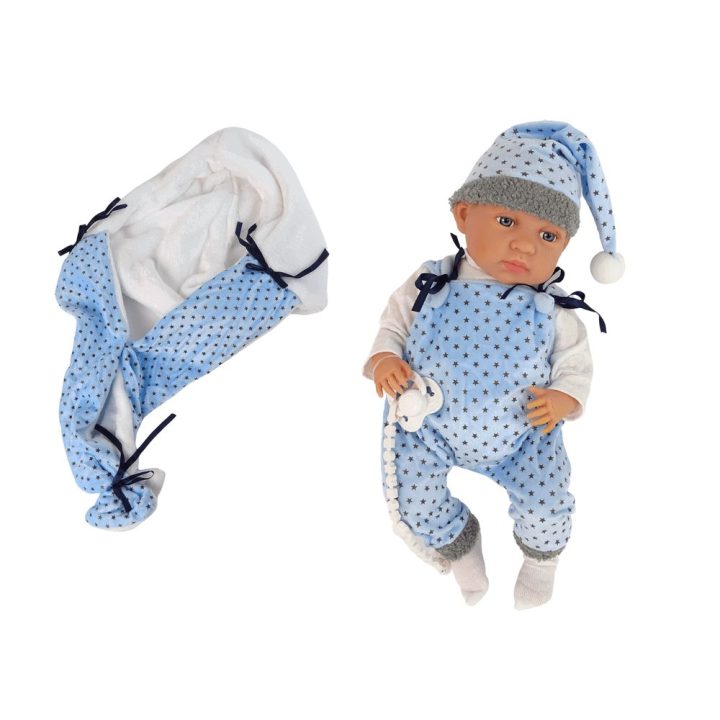 Lėlė kūdikis su mėlynu pledu 46 cm